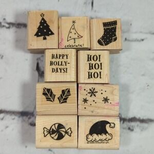 Christmas Wooden Stamps Lot of 9 Small Collection Crafts Scrapbooking‎